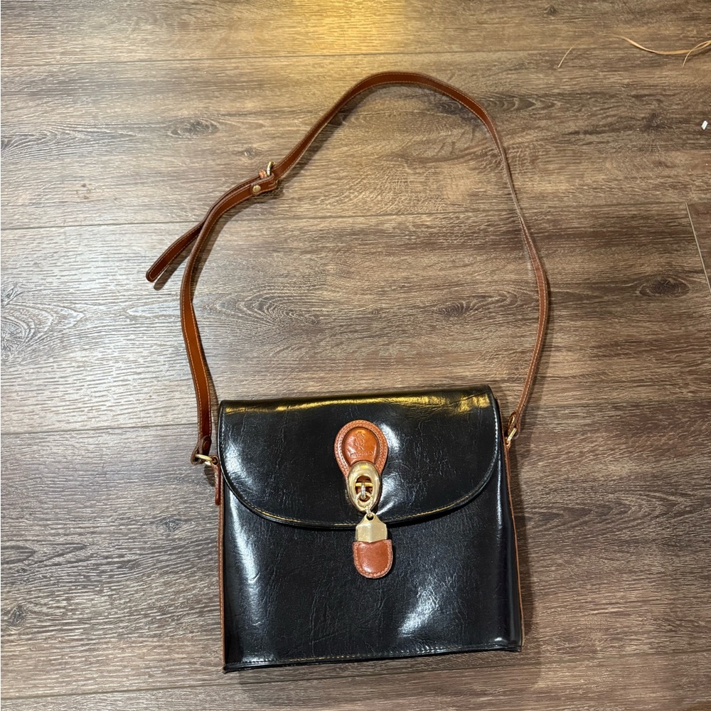 Vintage Marchino Italian black & brown leather purse with belted adjustable